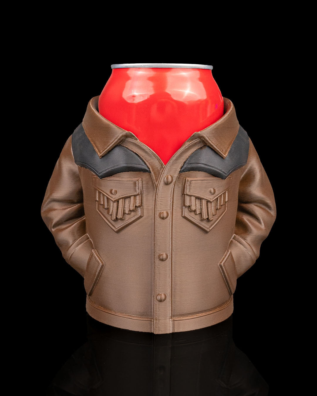 Suede Jacket Can Holder — front view of the tan jacket can sleeve with a grey yoke and collar, holding a red can.