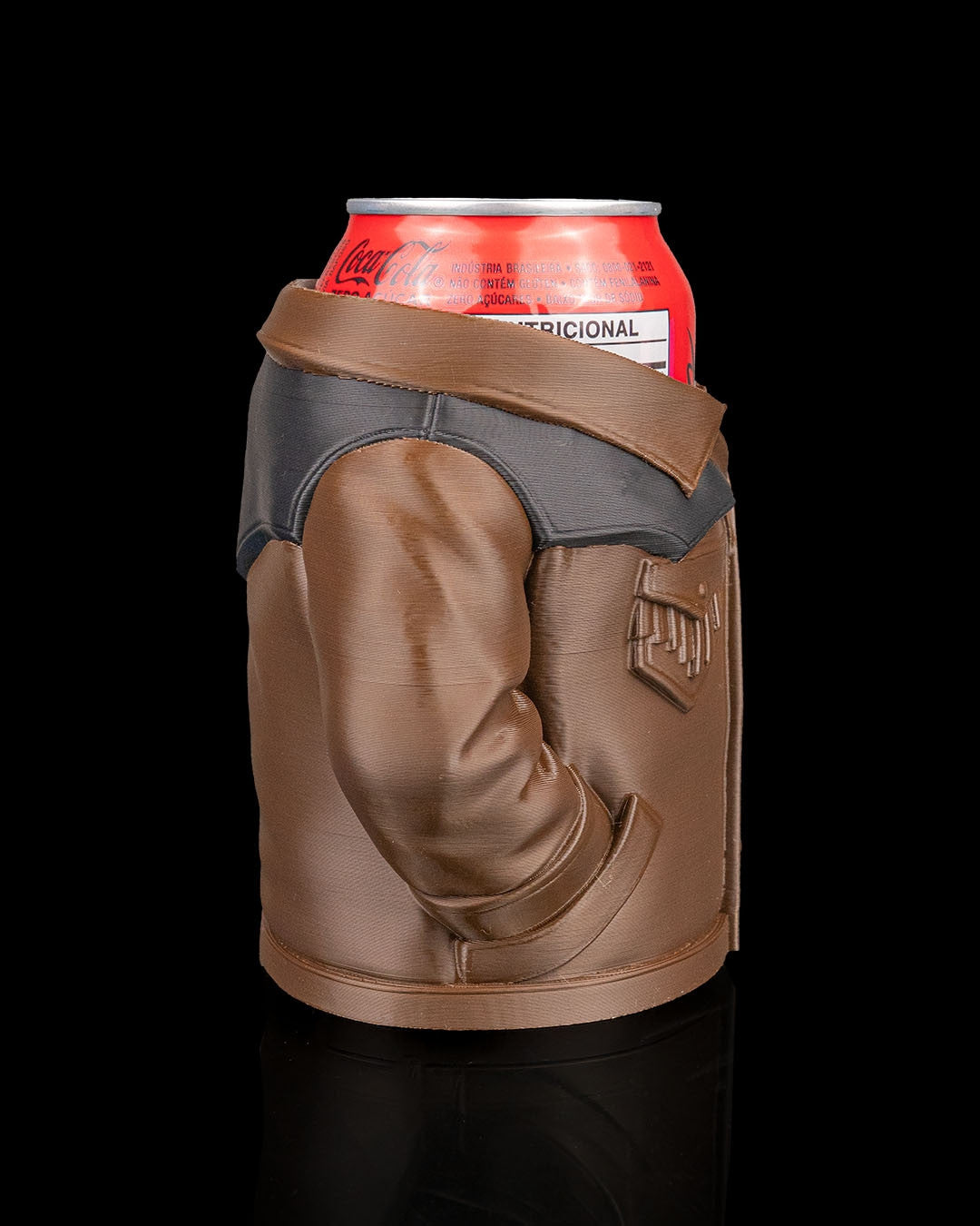 Suede Jacket Can Holder — side view of the tan jacket can sleeve showing the sleeve and pocket detail with a can inside.