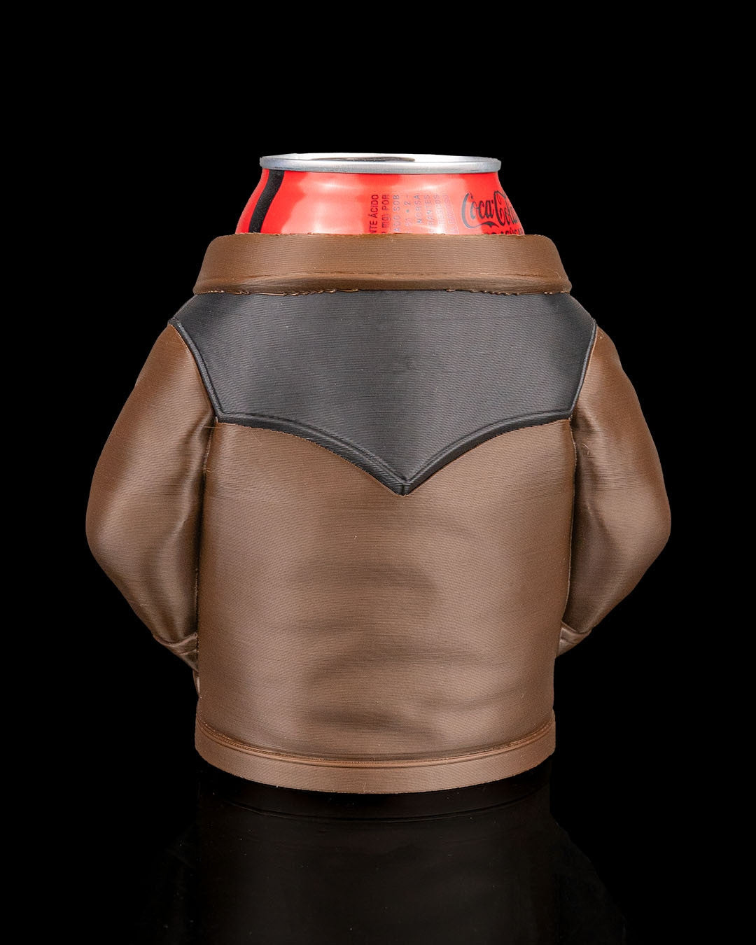 Suede Jacket Can Holder — rear view of the tan jacket can sleeve showing the grey back yoke and collar.