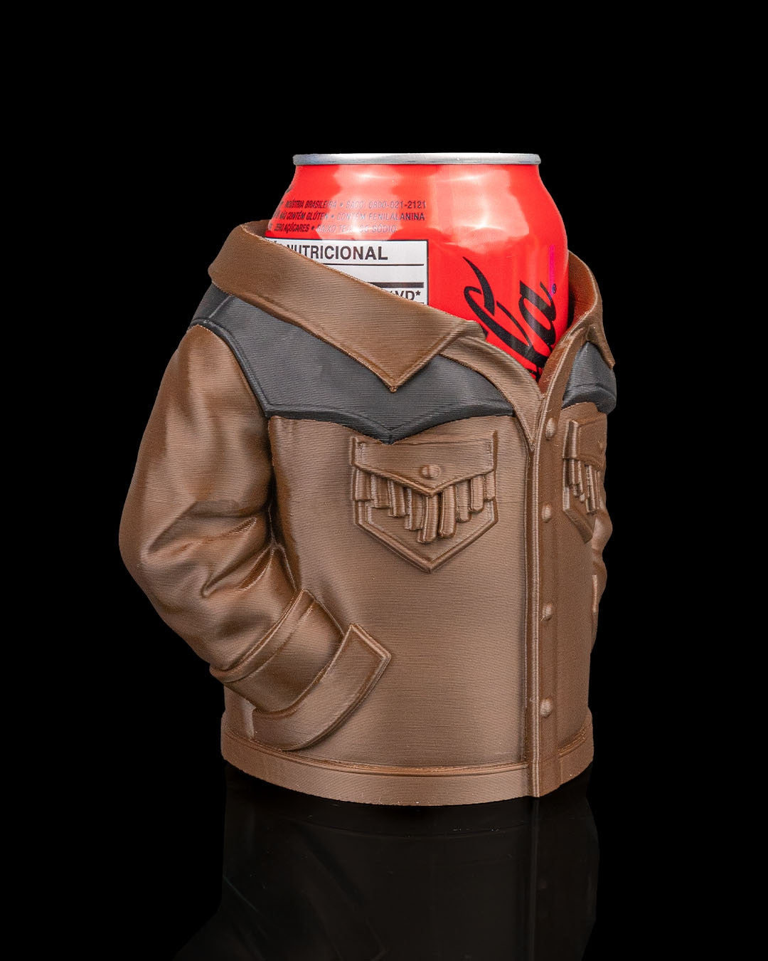 Suede Jacket Can Holder — three-quarter view of the tan western jacket can sleeve with a can seated inside.