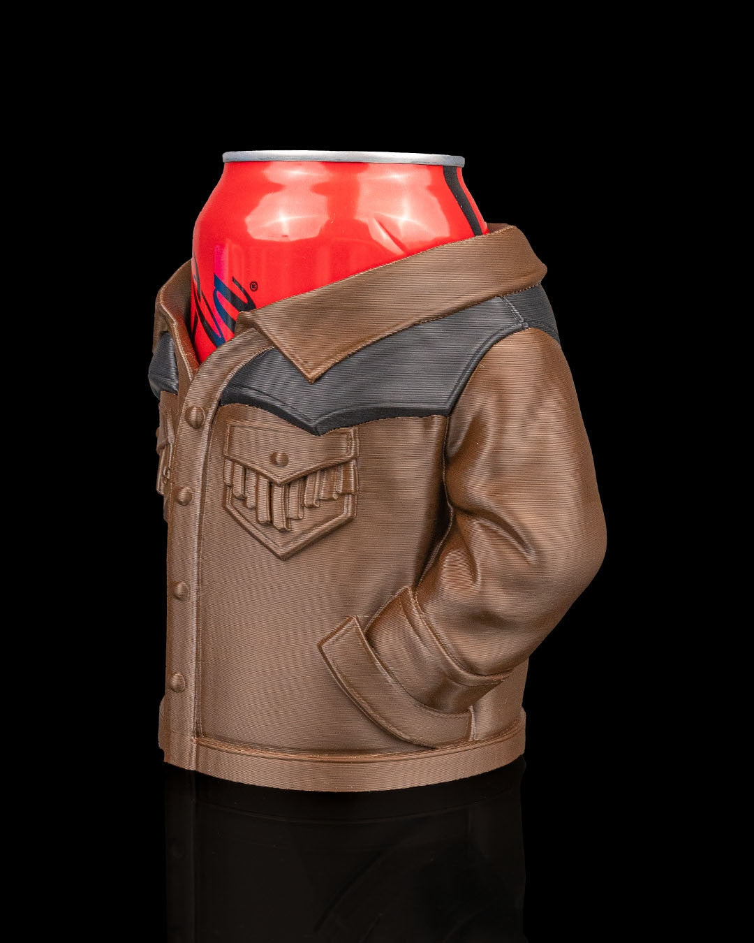 Suede Jacket Can Holder — angled view of the tan jacket can sleeve showing the yoke, snap front and sleeve detail.