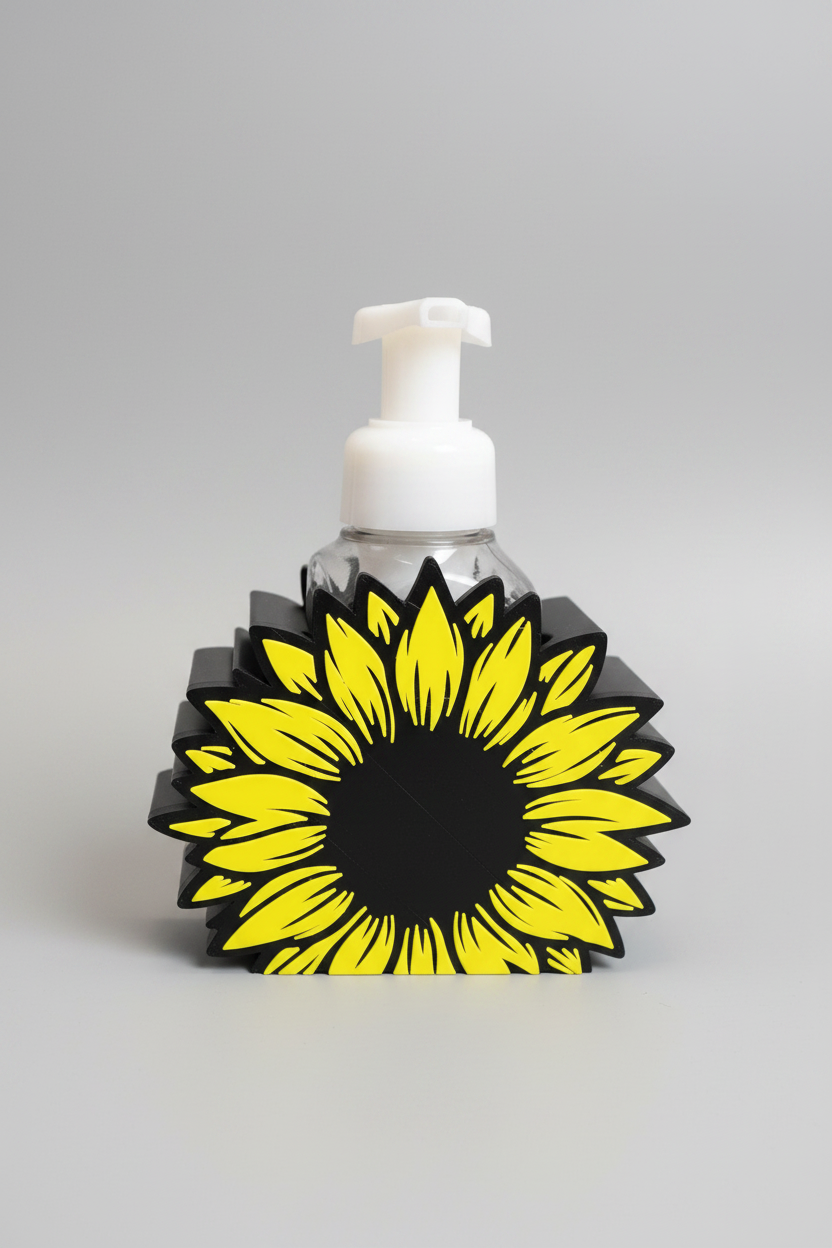Sunflower Soap Dispenser Holder — a layered yellow sunflower with a black centre on a black stand, sized to hold a foaming soap bottle, on a soft light-gray studio background.