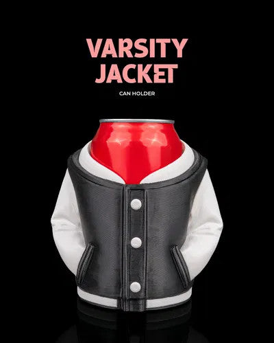 Varsity Jacket Can Holder — a black and white letterman jacket shaped can sleeve with snap front and contrast sleeves, holding a red can.