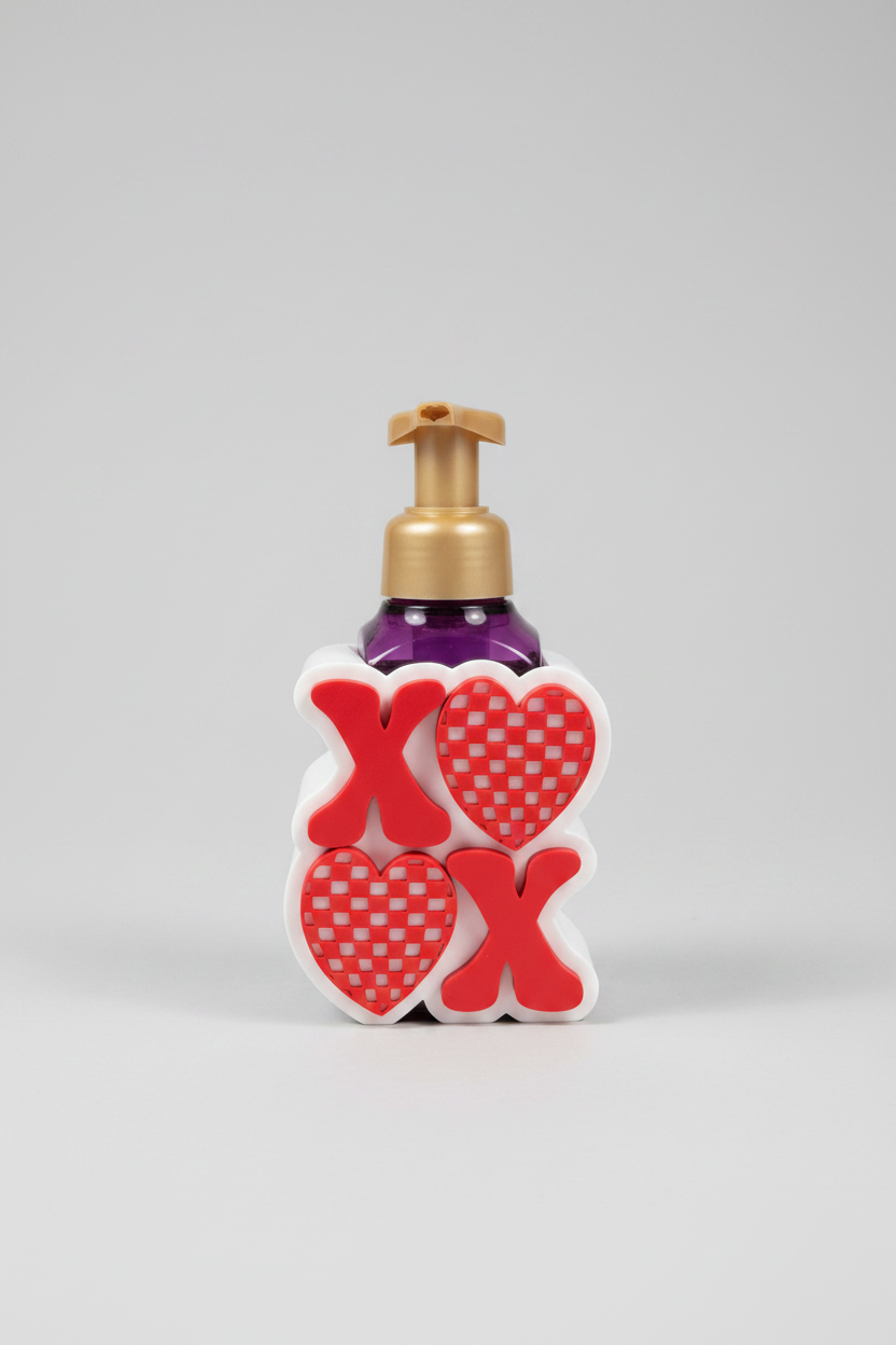 XOXO Heart Soap Dispenser Holder — a Valentine's Day themed soap dispenser shaped like a white block with red and red-and-white checkered hearts, featuring a gold pump and a purple bottle, on a soft light-gray studio background.